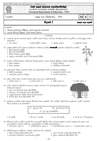 Grade 07 Science 1st Term Test Paper 2019 Sinhala Medium – North Western Province