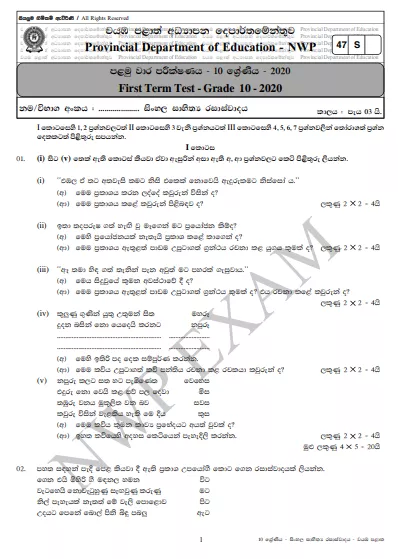 Grade 10 Sinhala Literature 1st Term Test Paper 2020 Sinhala Medium - North western Province