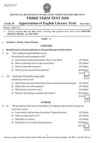 Grade 10 English Literature 3rd Term Test Paper 2020 - North western Province