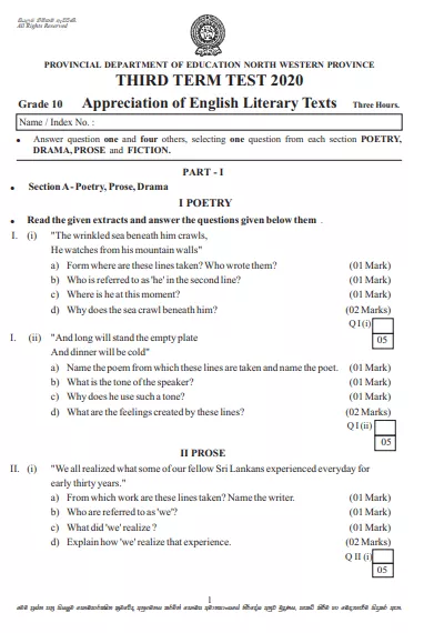 Grade 10 English Literature 3rd Term Test Paper 2020 - North western Province