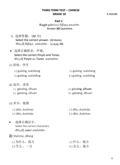 Grade 10 Chinese 3rd Term Test Paper 2020 - North western Province