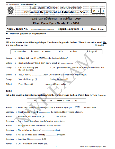 Grade 11 English 1st Term Test Paper with Answers 2020 - North western Province