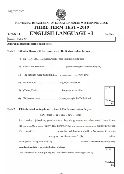 Grade 11 English 3rd Term Test Paper with Answers 2019 - North western Province
