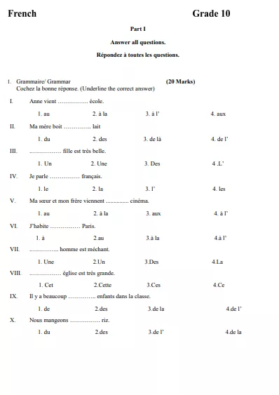 Grade 10 French 3rd Term Test Paper 2020 - North western Province