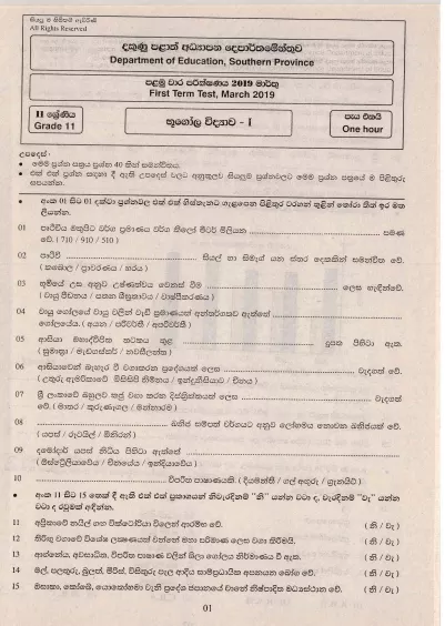 Grade 11 Geography 1st Term Test Paper 2019 Sinhala Medium - Southern Province