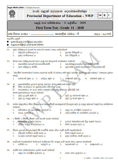 Grade 11 Catholicism 1st Term Test Paper with Answers 2020 Sinhala Medium - North western Province