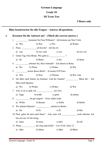 Grade 10 German 3rd Term Test Paper 2020 - North western Province