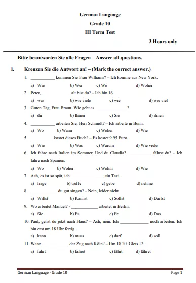 Grade 10 German 3rd Term Test Paper 2020 - North western Province