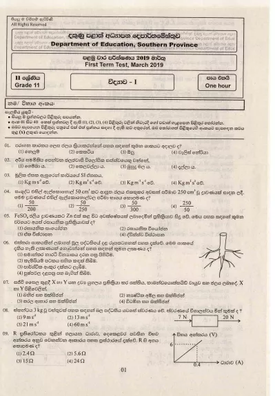 Grade 11 Science 1st Term Test Paper 2019 Sinhala Medium - Southern Province