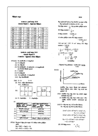 Official G.C.E. 2010 A/L Chemistry Answer Sheet Sinhala Medium PDF