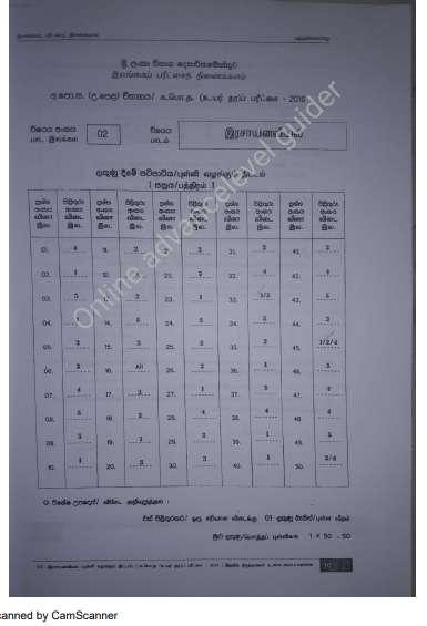 Official G.C.E. 2016 A/L Chemistry Answer Sheet Tamil Medium PDF