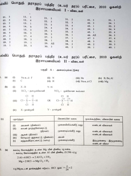 Official G.C.E. 2010 A/L Chemistry Answer Sheet Tamil Medium PDF