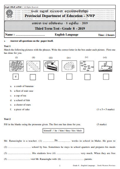 Grade 08 English 3rd Term Test Paper With Answers 2019 - North western Province