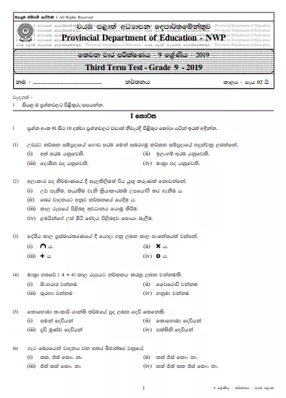 Grade 09 Dancing 3rd Term Test Paper With Answers 2019 Sinhala Medium - North western Province