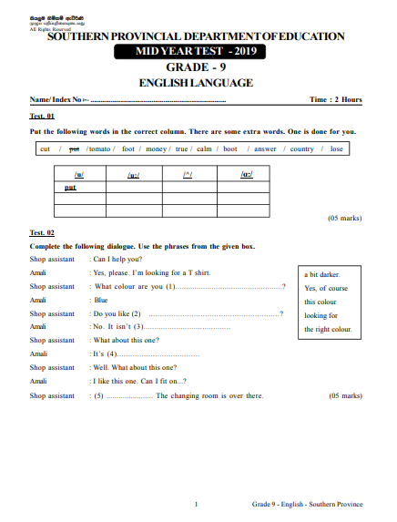 Grade 09 English 2nd Term Test Paper With Answers 2019 - Southern Province