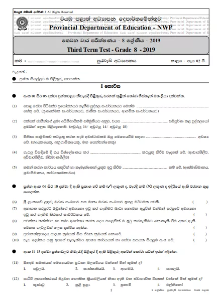 Grade 08 Civic Education 3rd Term Test Paper With Answers 2019 Sinhala Medium - North western Province