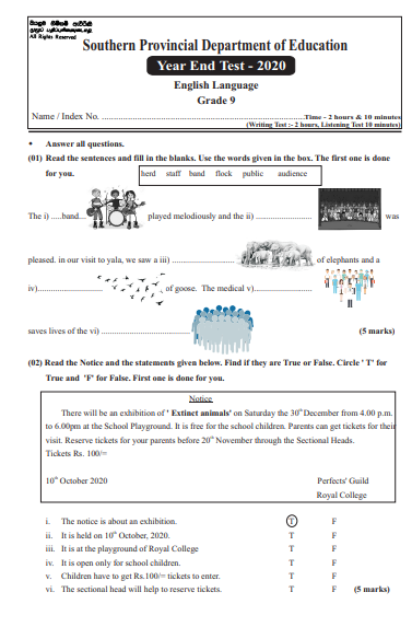 Grade 09 English 3rd Term Test Paper With Answers 2020 - Southern Province