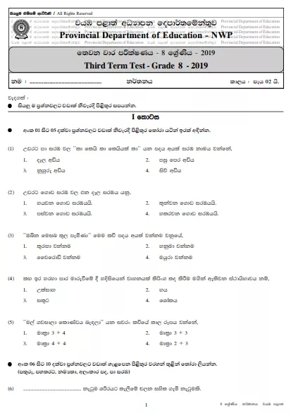 Grade 08 Dancing 3rd Term Test Paper With Answers 2019 Sinhala Medium -North western Province