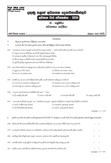Grade 08 Dancing 3rd Term Test Paper 2020 Sinhala Medium -Southern Province