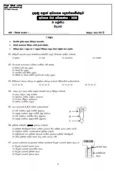 Grade 08 Science 3rd Term Test Paper With Answers 2020 Sinhala Medium - Southern Province