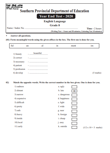 Grade 08 English 3rd Term Test Paper With Answers 2020 - Southern Province