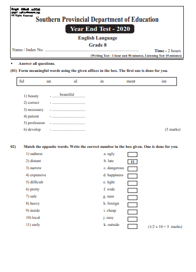 grade 8 english 3rd term test papers pdf