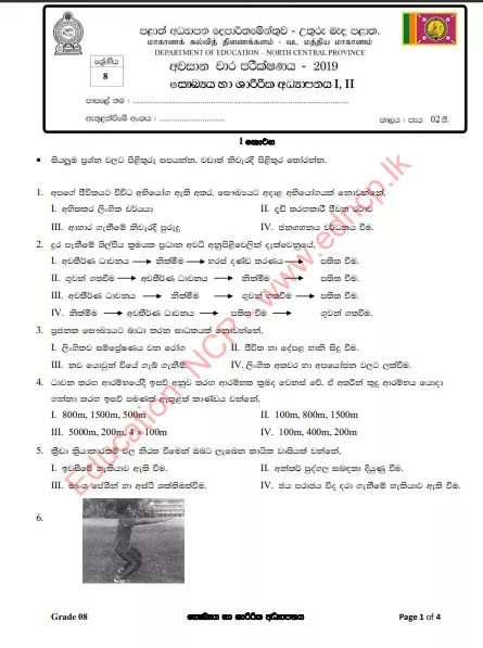 Grade 08 Health And Physical Education 3rd Term Test Paper With Answers 2019 Sinhala Medium - North Central Province