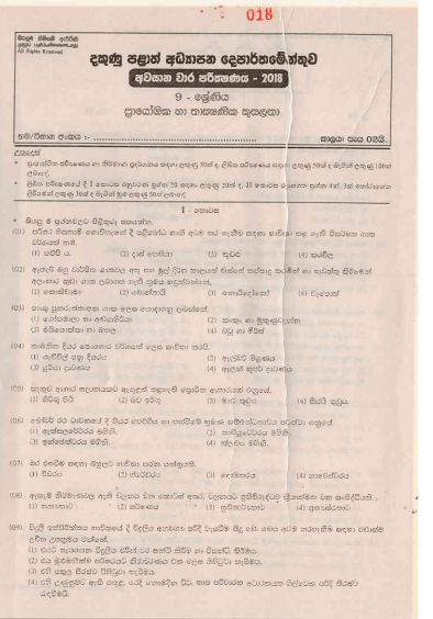 Grade 09 Practical And Technical Skill 3rd Term Test Paper 2018 Sinhala Medium - Southern Province