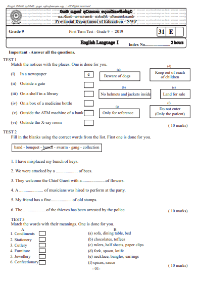 Grade 09 English 1st Term Test Paper With Answers 2019 - North western Province
