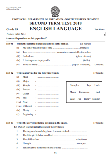 Grade 09 English 2nd Term Test Paper With Answers 2018 - North western Province