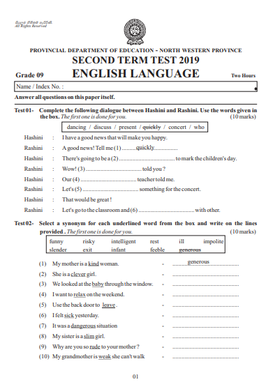 Grade 09 English 2nd Term Test Paper With Answers 2019 - North western  Province