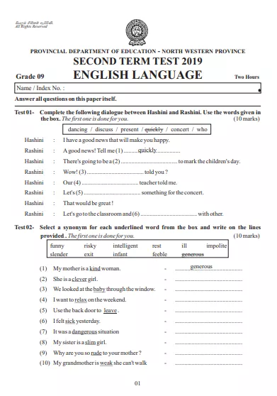 Grade 09 English 2nd Term Test Paper With Answers 2019 - North western Province