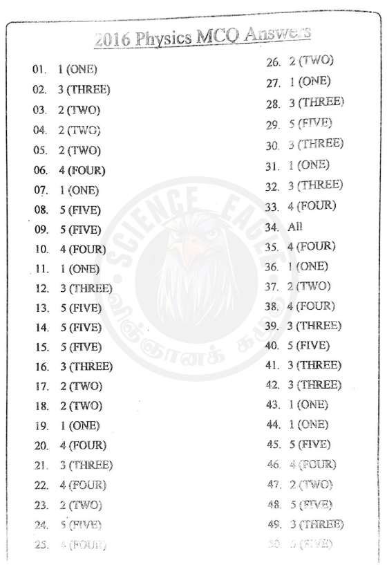 Official G.C.E. 2016 A/L Physics Answer Sheet Tamil Medium PDF