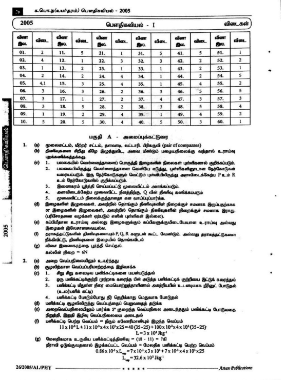 Official G.C.E. 2005 A/L Physics Answer Sheet Tamil Medium PDF