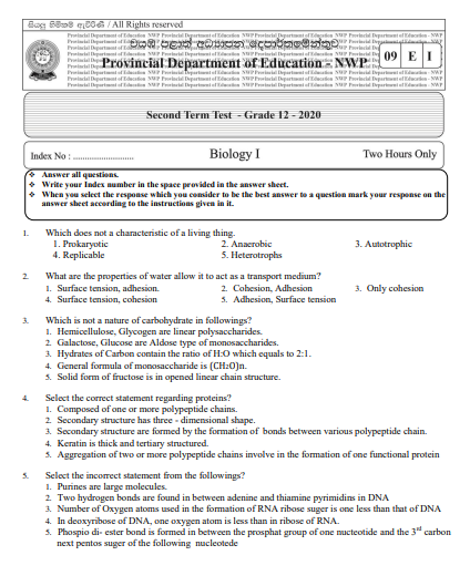 Grade 12 Biology 2nd Term Test Paper 2020 North Western Province