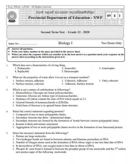Grade 12 Biology 2nd Term Test Paper 2020 North Western Province