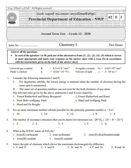 Grade 12 Chemistry 2nd Term Test Paper With Answers 2020 | North Western Province