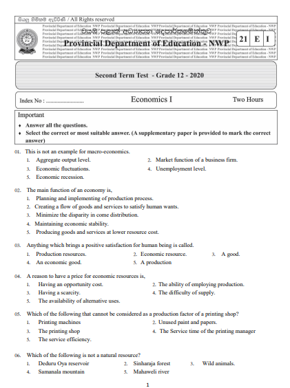 Grade 12 Economics 2nd Term Test Paper 2020 | North Western Province