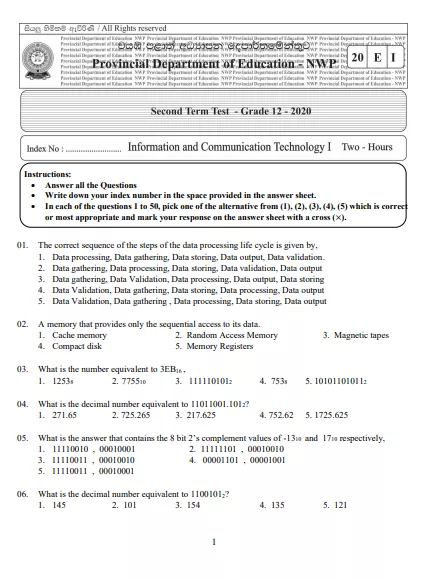Grade 12 Information And Communication Technology 2nd Term Test Paper With Answers 2020 North Western Province
