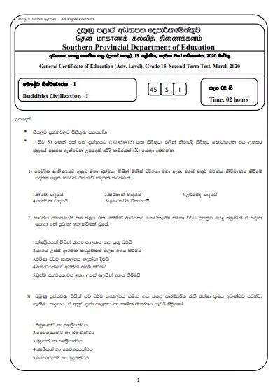 Grade 13 Buddhist Civilization 2nd Term Test Paper With Answers 2020  Southern Province