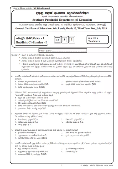 Grade 13 Buddhist Civilization 3rd Term Test Paper With Answers 2019 Southern Province