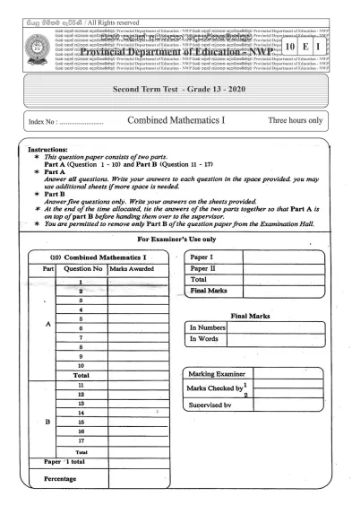Grade 13 Combined Mathematics 2nd Term Test Paper With Answers 2020 North Western Province
