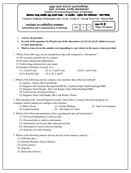 Grade 12 Information And Communication Technology 2nd Term Test Paper 2020 Southern Province