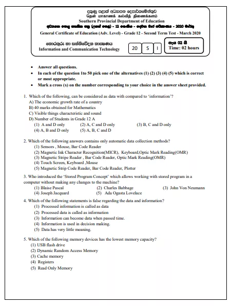 Grade 12 Information And Communication Technology 2nd Term Test Paper 2020 Southern Province