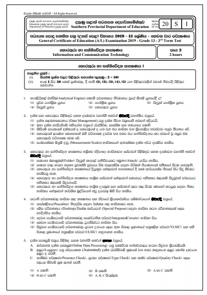 Grade 13 Information And Communication Technology 3rd Term Test Paper 2019 Southern Province