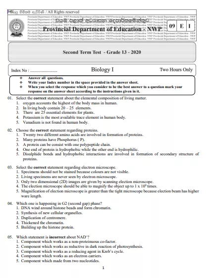 Grade 13 Biology 2nd Term Test Paper With Answers 2020 North western Province
