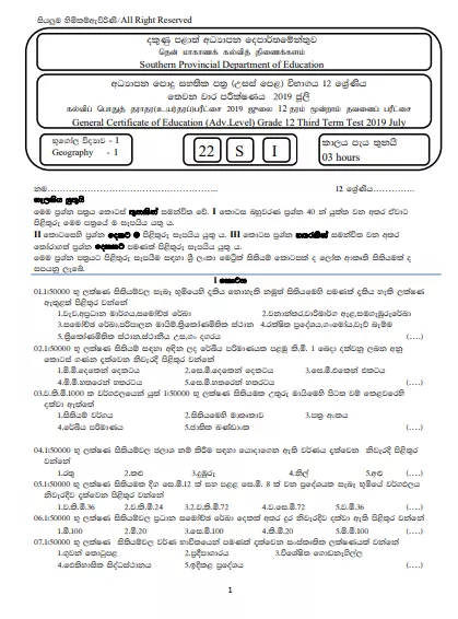 Grade 12 Geography 3rd Term Test Paper 2019 Southern Province