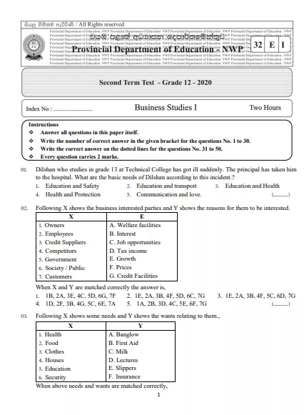 Grade 12 Business Studies 2nd Term Test Paper 2020 North Western Province