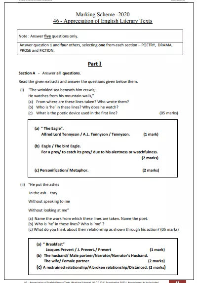 2020 O/L Appreciation of English Literary Texts Marking Scheme 