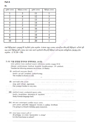 2020 O/L Korean Marking Scheme